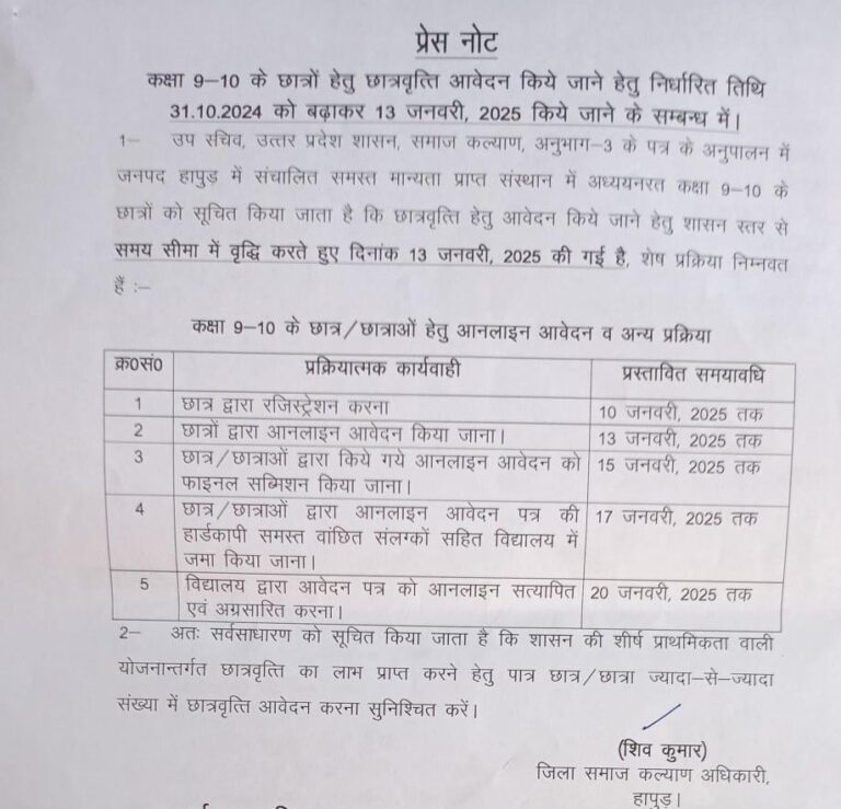कक्षा 9-10 के छात्रों हेतु छात्रवृत्ति आवेदन हेतु निर्धारित तिथि बढ़कर 13 जनवरी, 2025 हुई