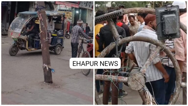 हापुड़: रामलीला ग्राउंड में गिरा स्ट्रीट पोल, तीन घायल, गोले मार्केट में भी बिजली का खंभा गिरने की तैयारी