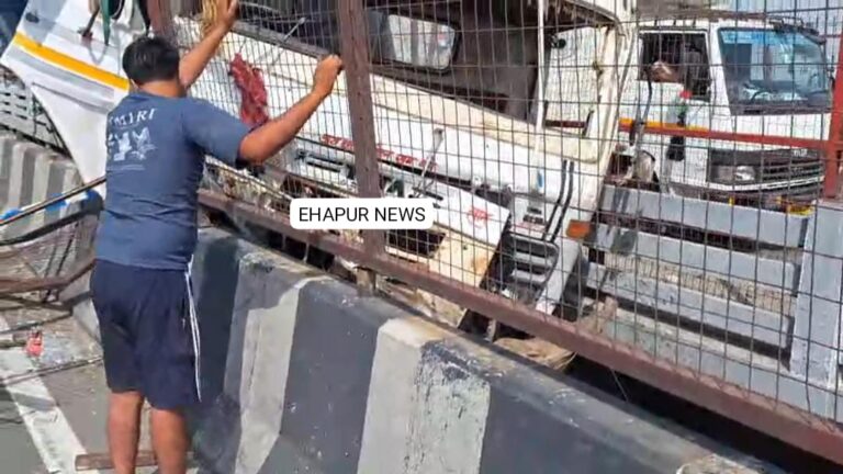 ब्रजघाट गंगा पुल की रेलिंग तोड़ते हुए पुलों पर लटका ट्रक