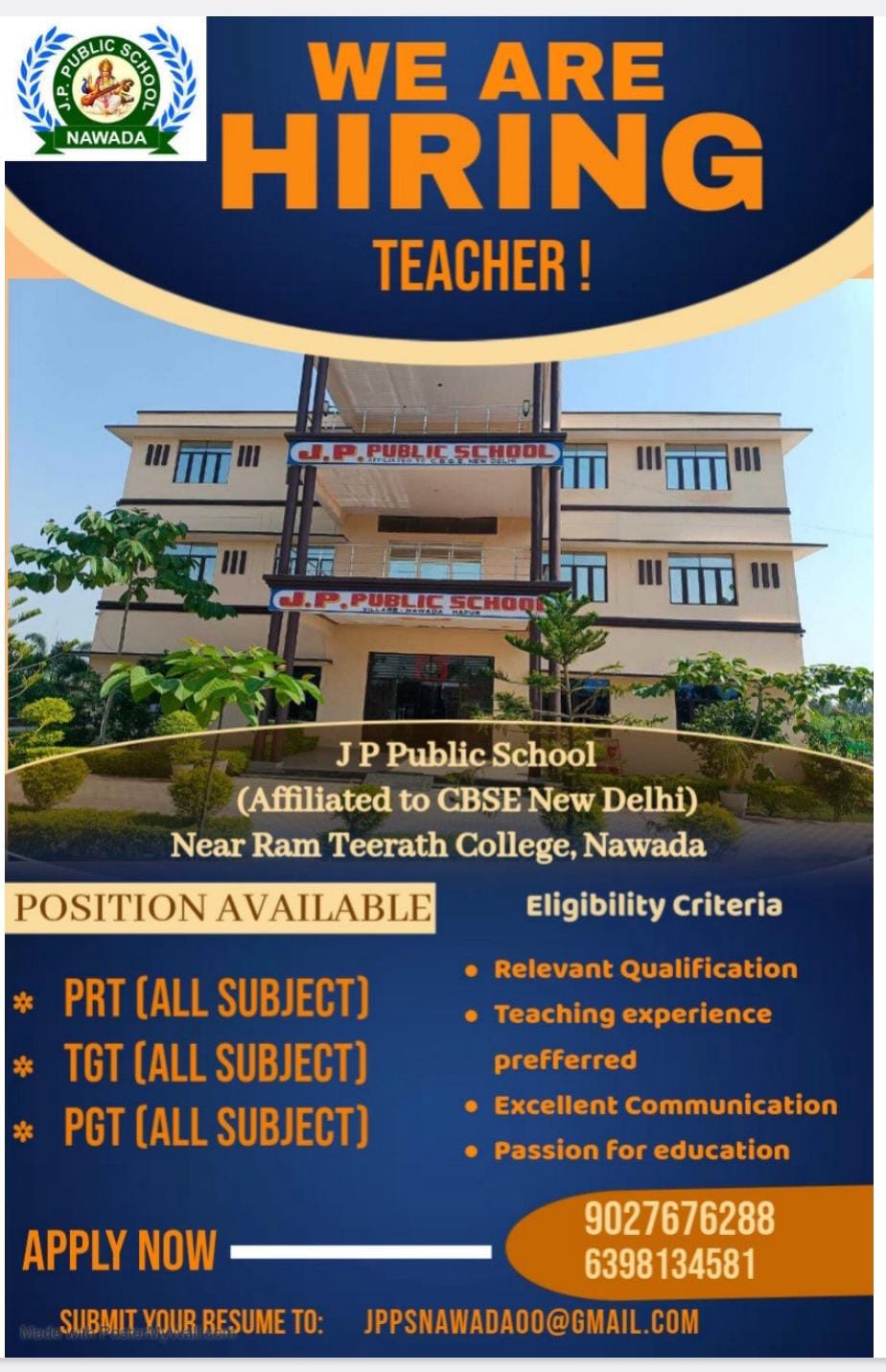 JOB ALERT: J.P. पब्लिक स्कूल को शिक्षकों की आवश्यकता: 9027676288, 81719 03622