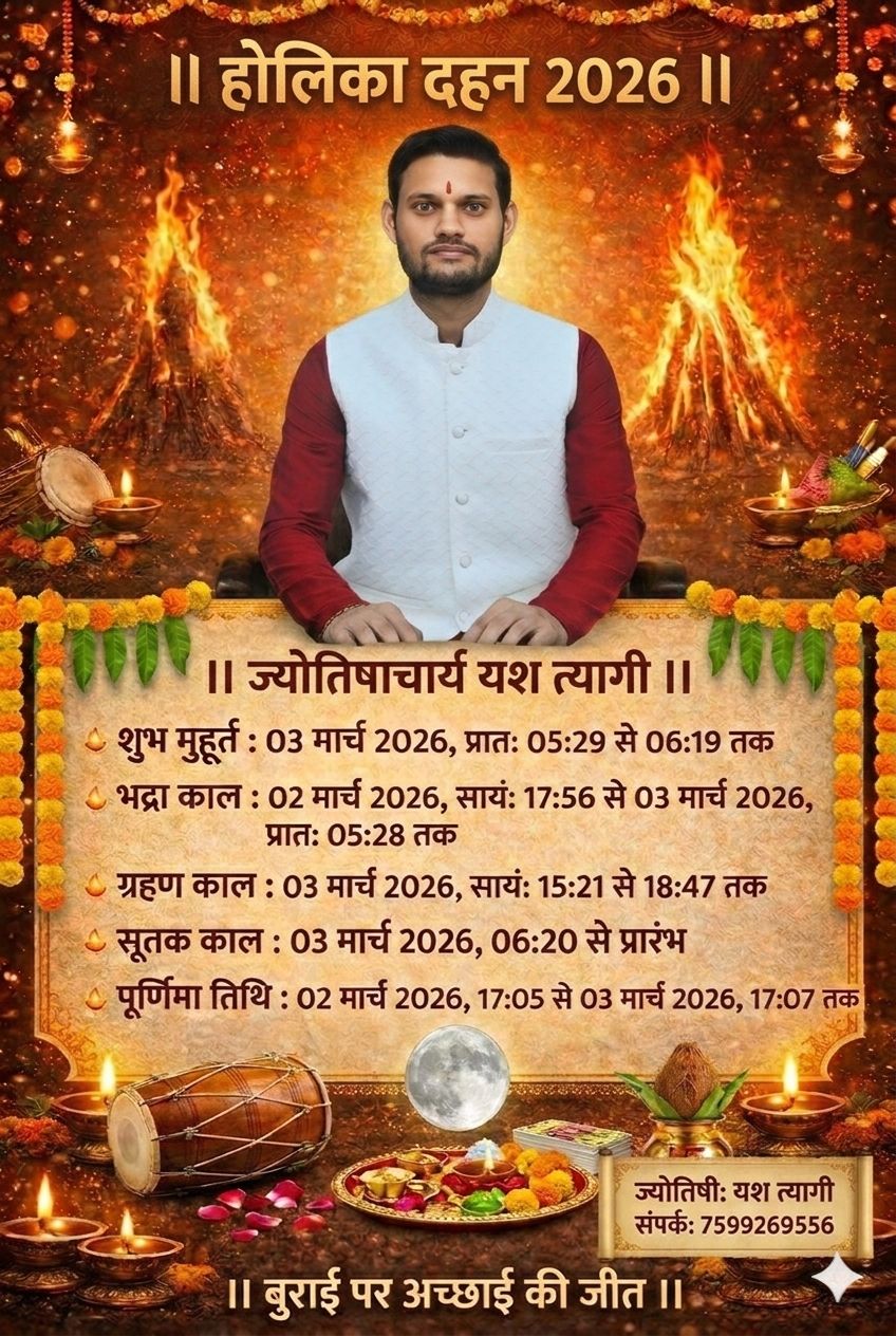 “होलिका दहन के लिए शुभ मुहूर्त 3 मार्च की प्रातः 5:29 से 6:19 बजे तक”: ज्योतिष आचार्य यश त्यागी