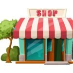 cartoon-style-of-cafe-front-shop-view-isolated-on-white-background-with-green-tree-and-bushes-vector